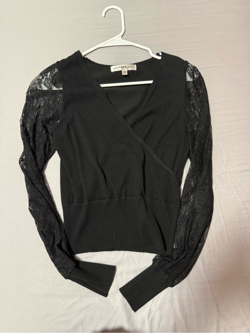 Madden Girl Black Lace-Sleeve Wrap V-Neck Sweater